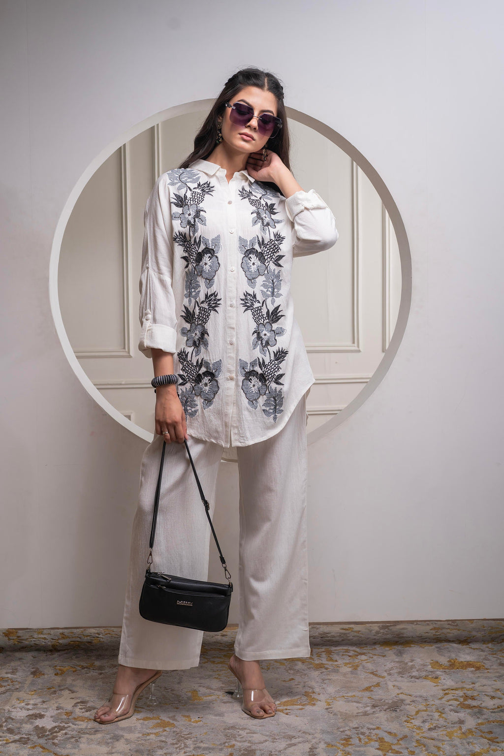 Juniper Viscose Linen Off White Embroidered Shirt And Pant Co-Ord Set With Thread Work | Grocsy