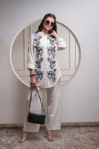 Juniper Viscose Linen Off White Embroidered Shirt And Pant Co-Ord Set With Thread Work | Grocsy