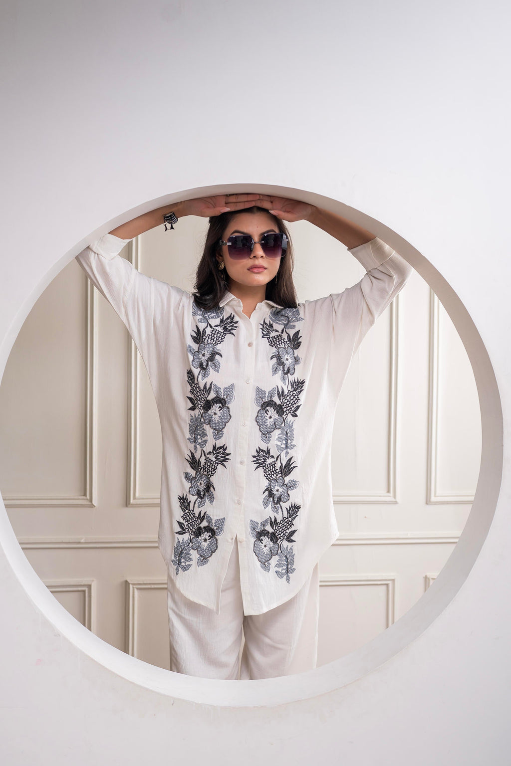 Juniper Viscose Linen Off White Embroidered Shirt And Pant Co-Ord Set With Thread Work | Grocsy