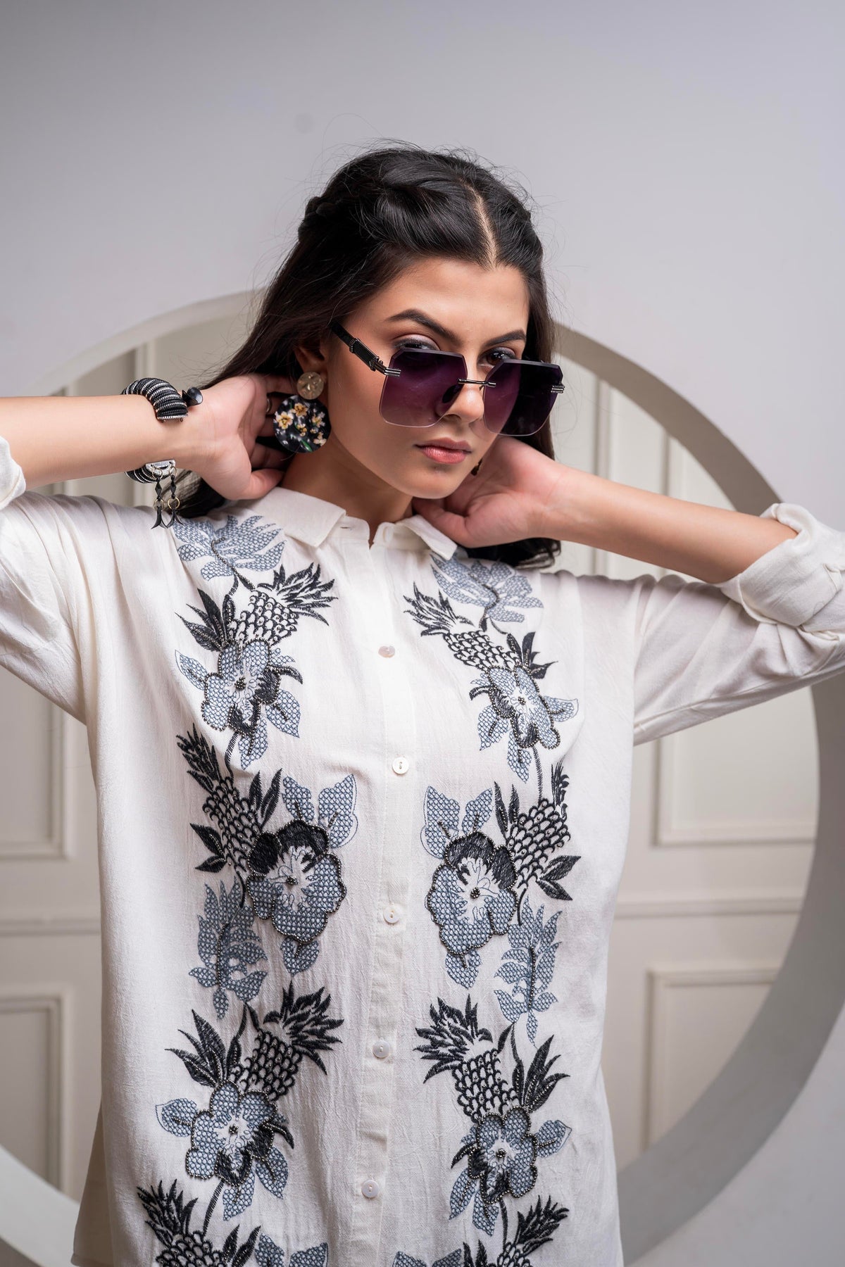 Juniper Viscose Linen Off White Embroidered Shirt And Pant Co-Ord Set With Thread Work | Grocsy