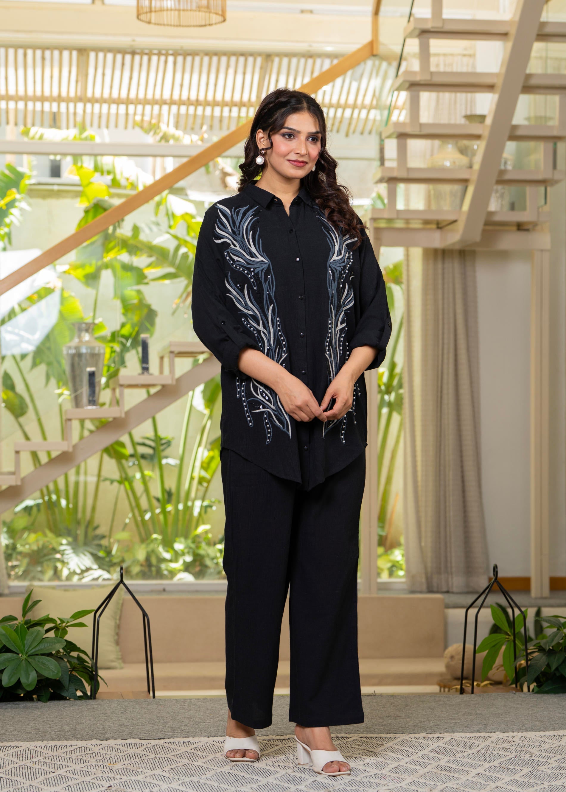 Juniper Black Embroidered Viscose Co-Ord Set With Beads & Sequin Highlights | Grocsy