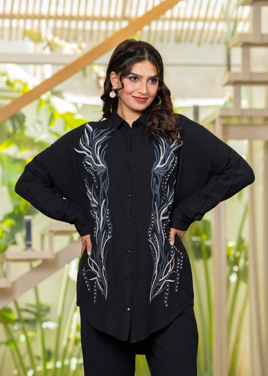 Juniper Black Embroidered Viscose Co-Ord Set With Beads & Sequin Highlights | Grocsy