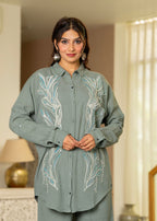 Juniper Sage Green Embroidered Viscose Co-Ord Set With Beads & Sequin Accents | Grocsy