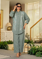 Juniper Sage Green Embroidered Viscose Co-Ord Set With Beads & Sequin Accents | Grocsy