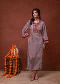 Juniper Beige Embroidered A-Line Kurta With Mirror & Thread Work | Grocsy