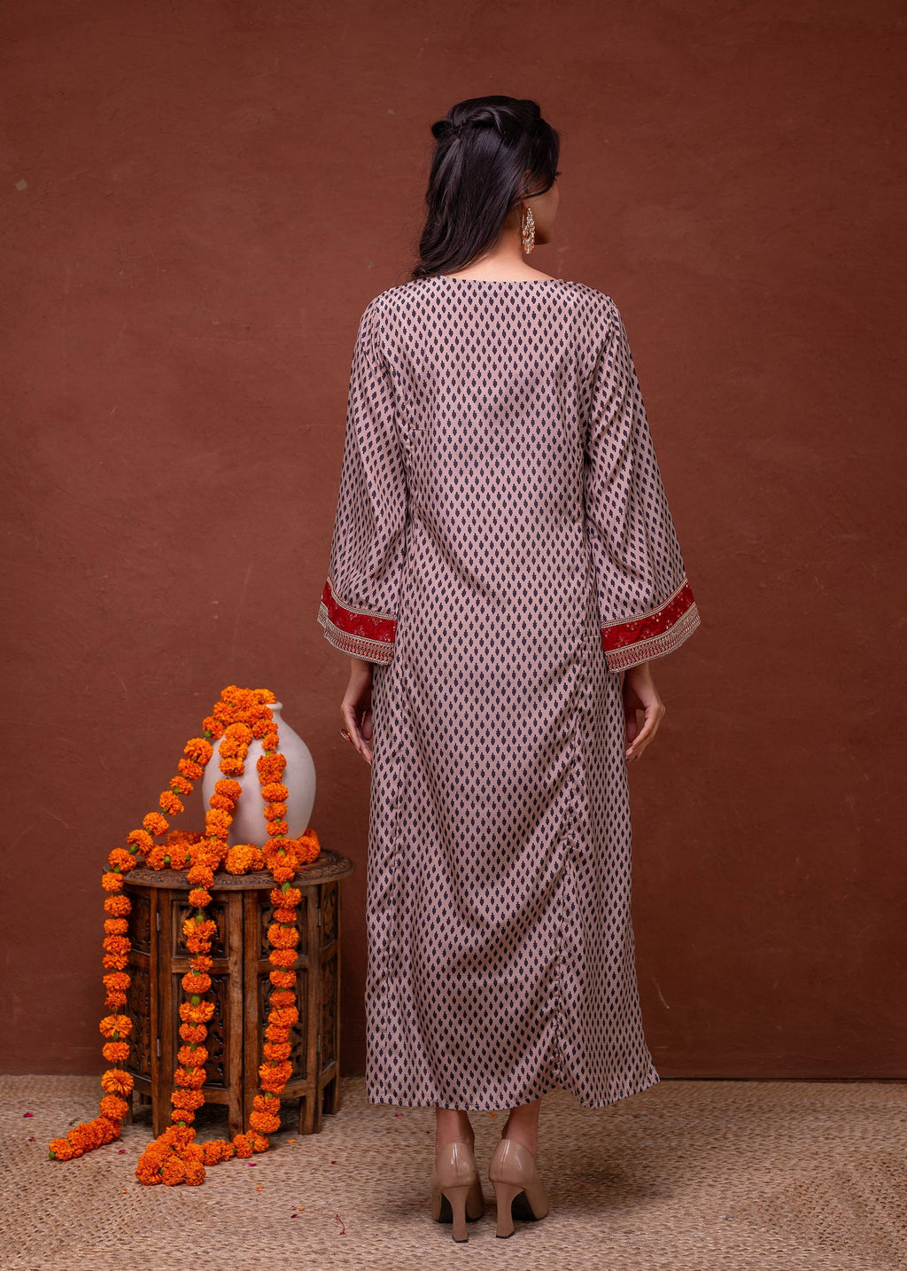 Juniper Beige Embroidered A-Line Kurta With Mirror & Thread Work | Grocsy