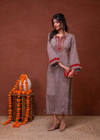 Juniper Beige Embroidered A-Line Kurta With Mirror & Thread Work | Grocsy
