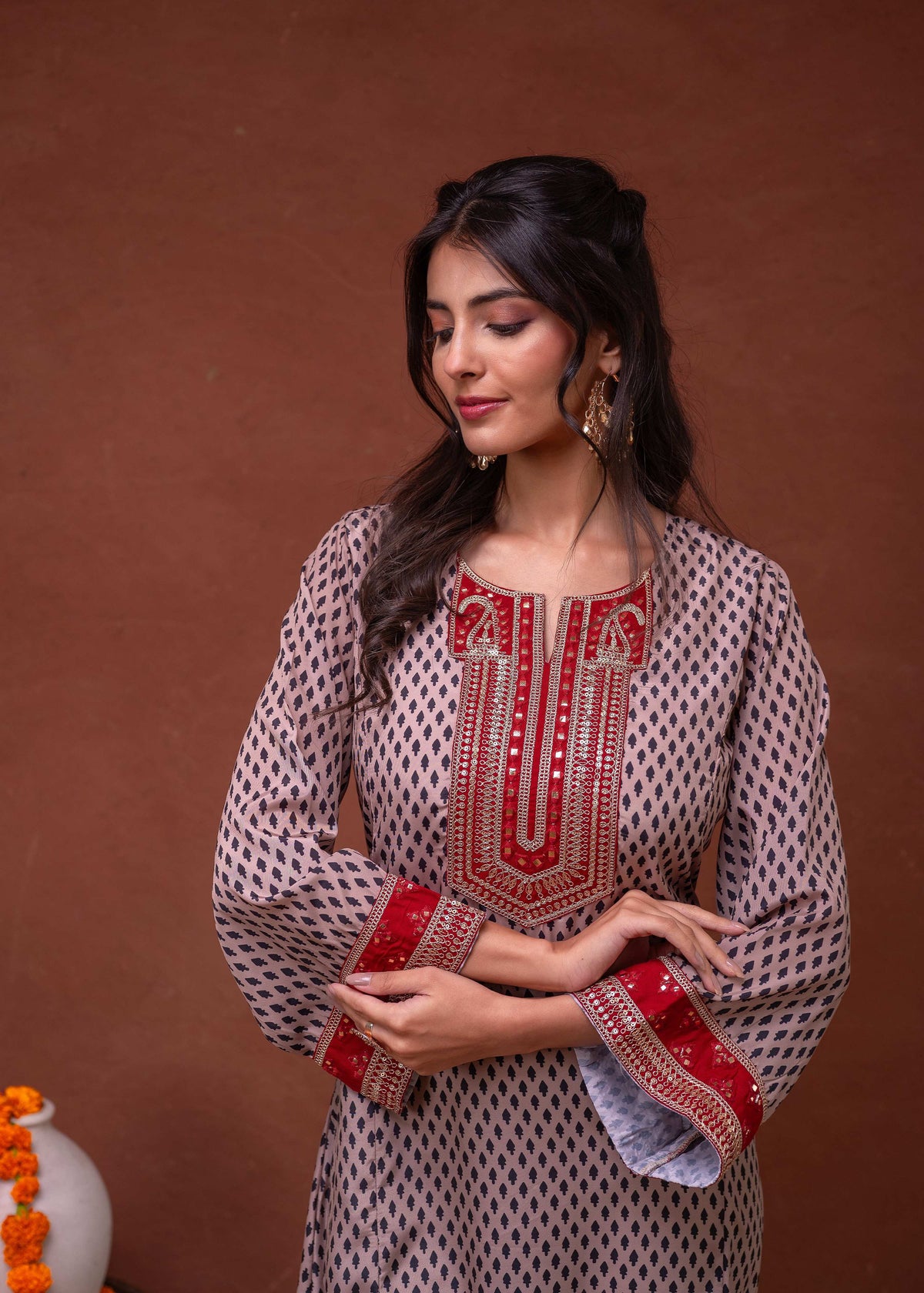 Juniper Beige Embroidered A-Line Kurta With Mirror & Thread Work | Grocsy