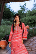 Juniper Red Embroidered A-Line Kurta With Mirror & Thread Work | Grocsy