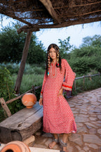 Juniper Red Embroidered A-Line Kurta With Mirror & Thread Work | Grocsy