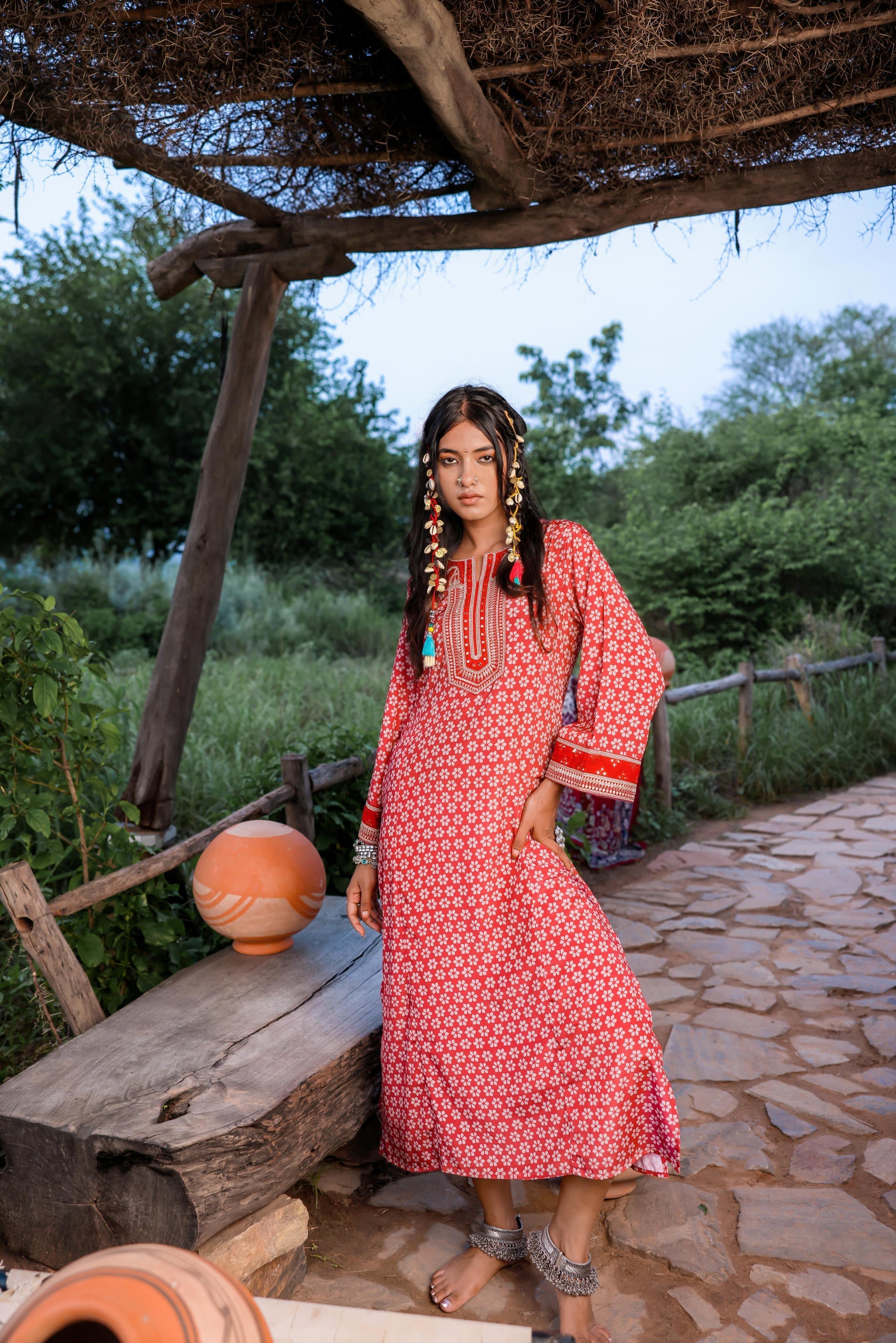 Juniper Red Embroidered A-Line Kurta With Mirror & Thread Work | Grocsy