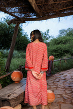 Juniper Red Embroidered A-Line Kurta With Mirror & Thread Work | Grocsy
