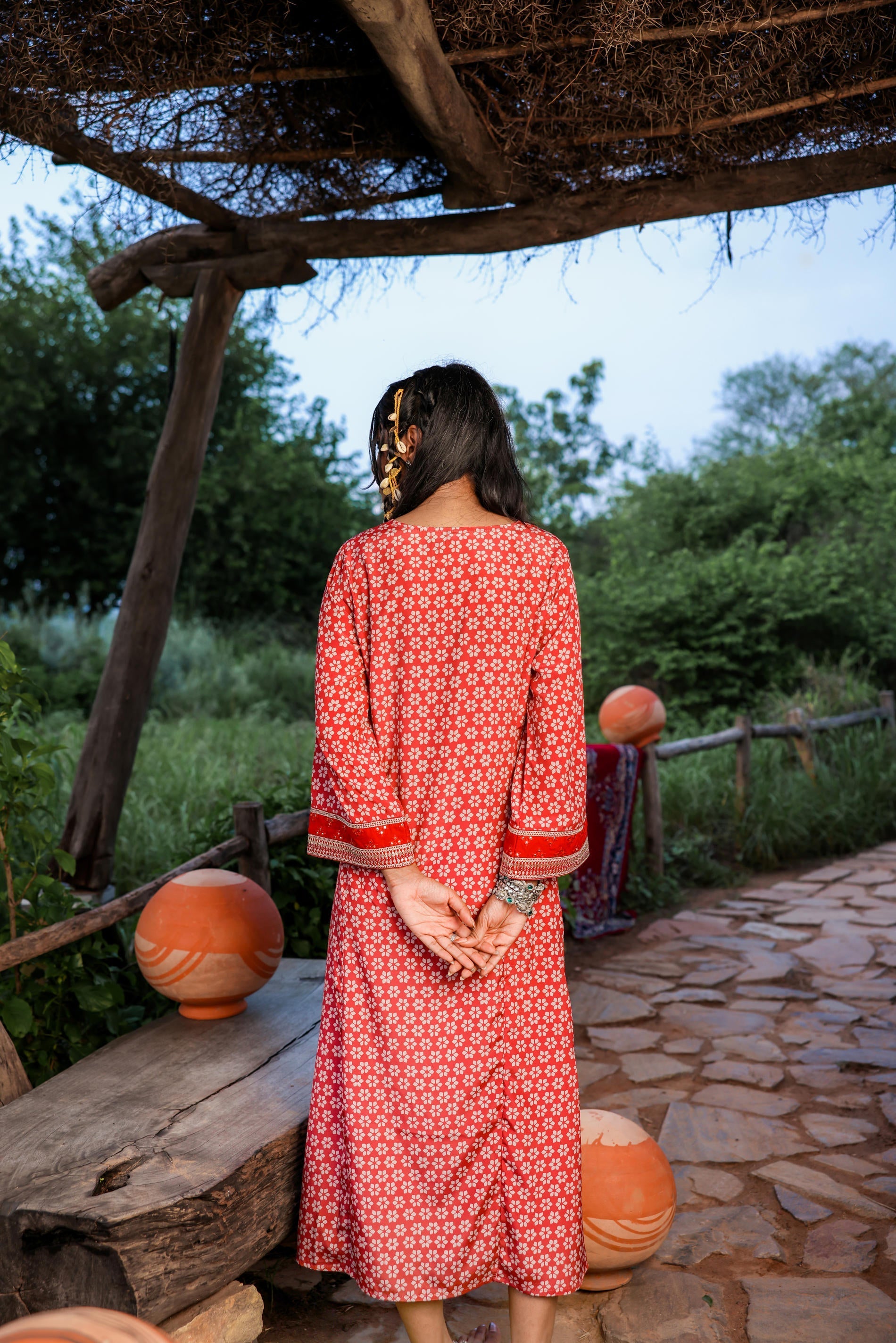 Juniper Red Embroidered A-Line Kurta With Mirror & Thread Work | Grocsy
