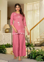 Juniper Dusty Pink Solid Viscose Tunic And Pants Co-Ord Set With Thread Work And Sequence | Grocsy