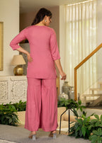 Juniper Dusty Pink Solid Viscose Tunic And Pants Co-Ord Set With Thread Work And Sequence | Grocsy