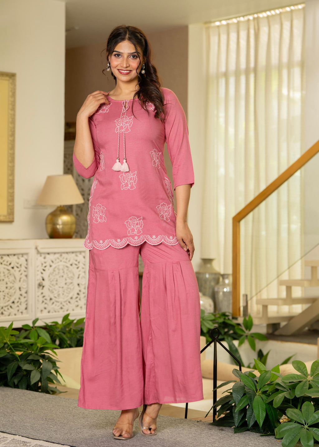 Juniper Dusty Pink Solid Viscose Tunic And Pants Co-Ord Set With Thread Work And Sequence | Grocsy