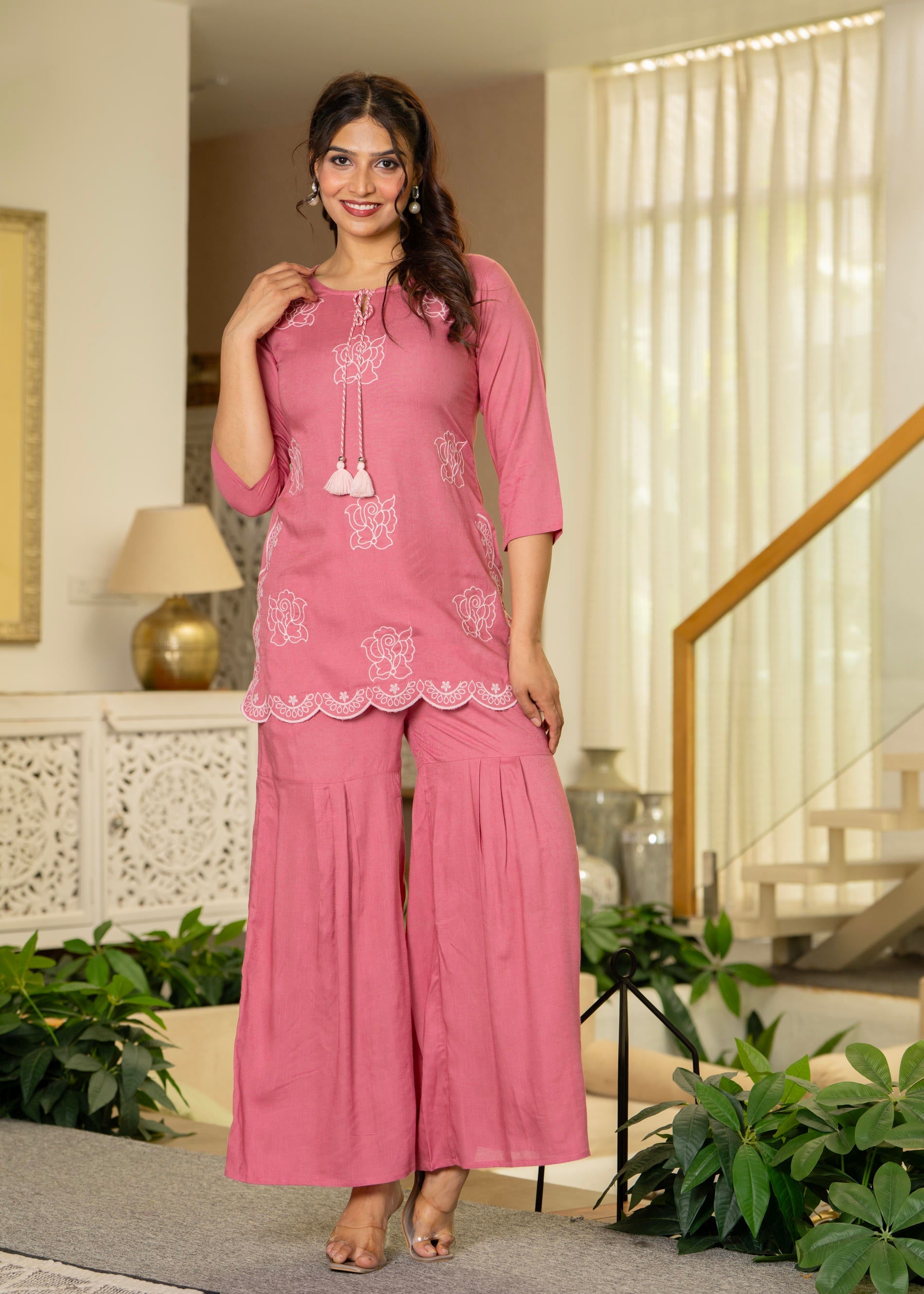 Juniper Dusty Pink Solid Viscose Tunic And Pants Co-Ord Set With Thread Work And Sequence | Grocsy