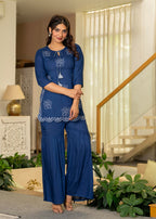Juniper Navy Solid Viscose Tunic And Pants Co-Ord Set With Thread Work And Sequence | Grocsy