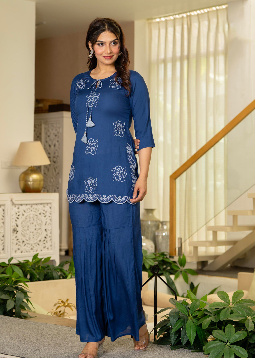 Juniper Navy Solid Viscose Tunic And Pants Co-Ord Set With Thread Work And Sequence | Grocsy