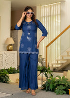 Juniper Navy Solid Viscose Tunic And Pants Co-Ord Set With Thread Work And Sequence | Grocsy