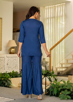 Juniper Navy Solid Viscose Tunic And Pants Co-Ord Set With Thread Work And Sequence | Grocsy