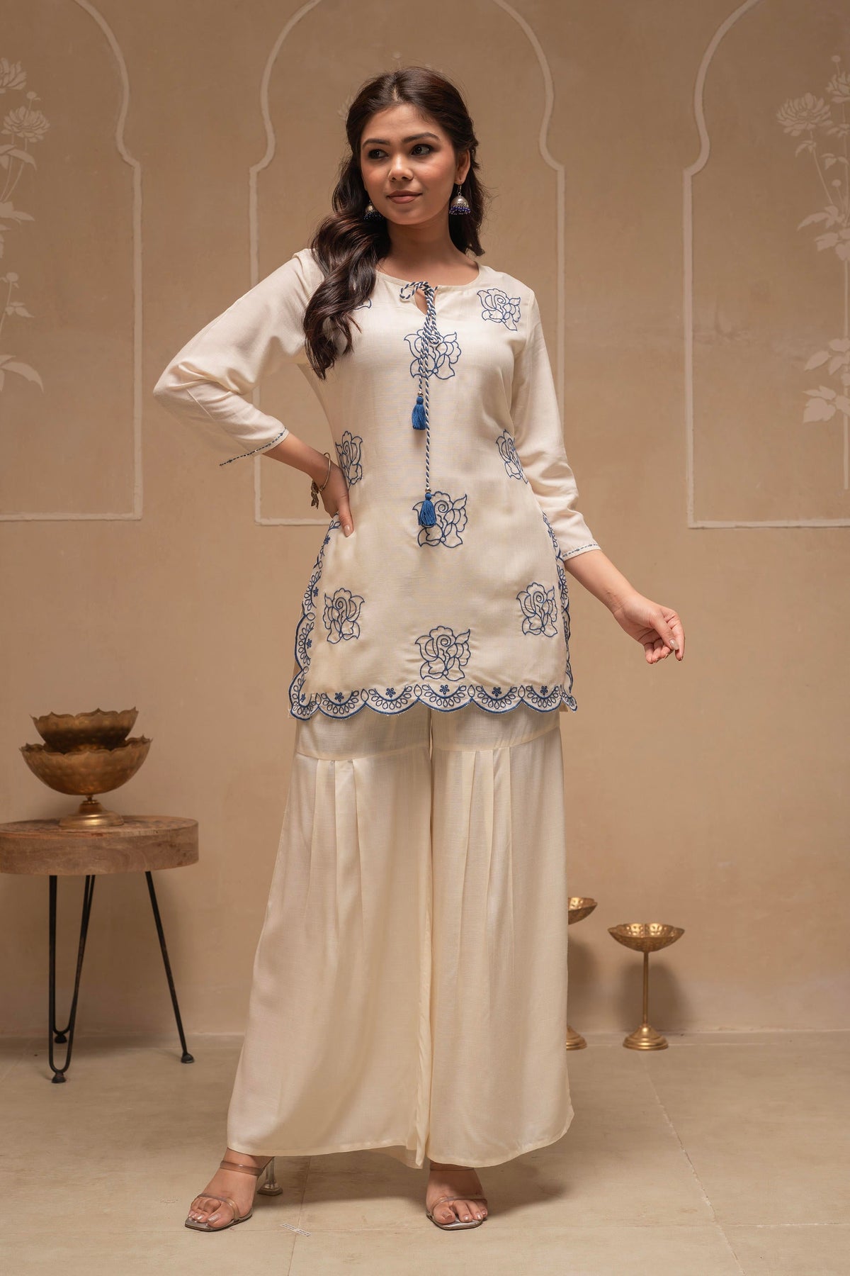 Juniper Off White Solid Viscose Tunic And Pants Co-Ord Set With Thread Work And Sequence | Grocsy