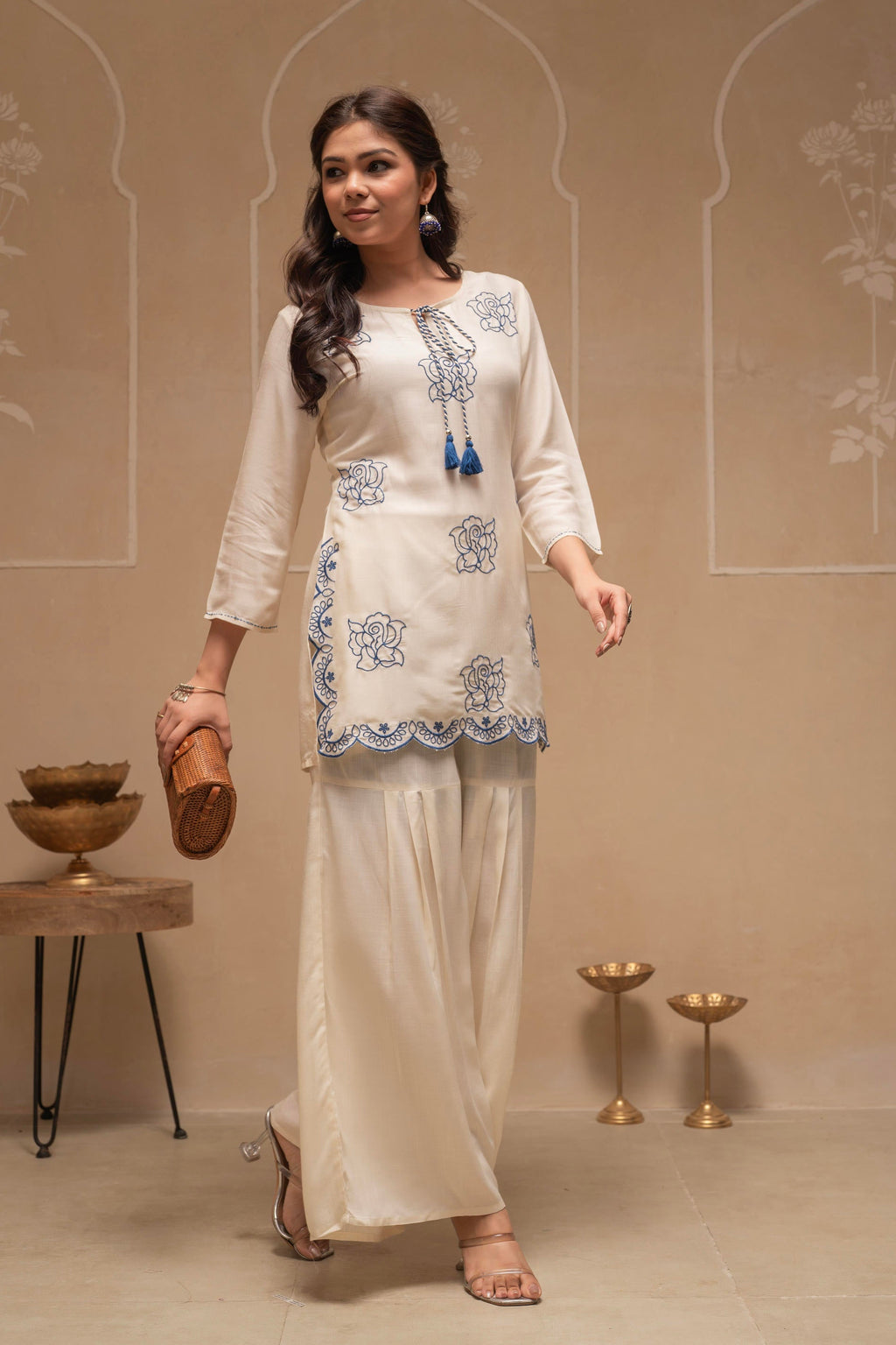 Juniper Off White Solid Viscose Tunic And Pants Co-Ord Set With Thread Work And Sequence | Grocsy