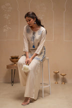 Juniper Off White Solid Viscose Tunic And Pants Co-Ord Set With Thread Work And Sequence | Grocsy