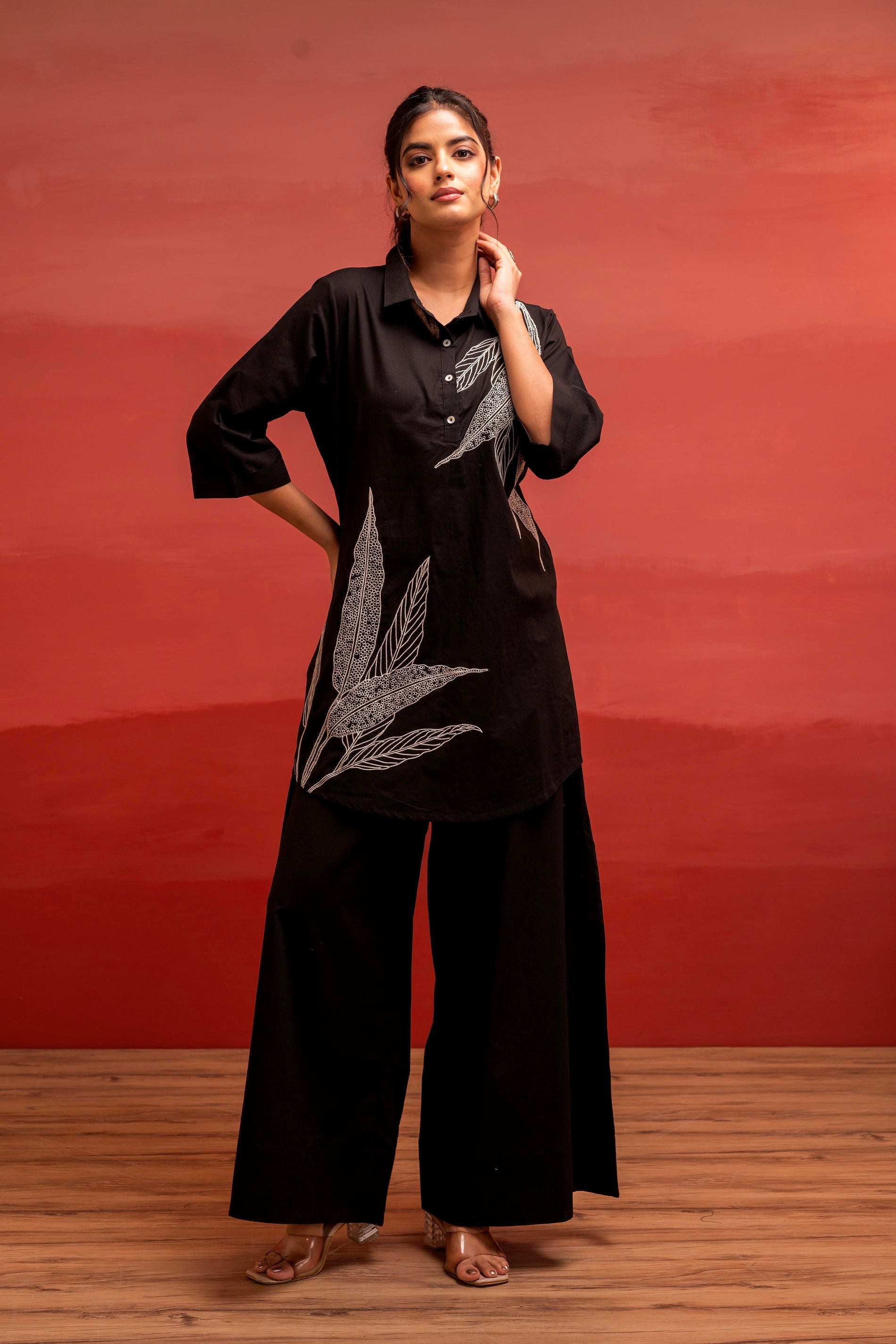 Juniper Black Solid Cotton Shirt And Pants Co-Ord Set With Thread Work | Grocsy