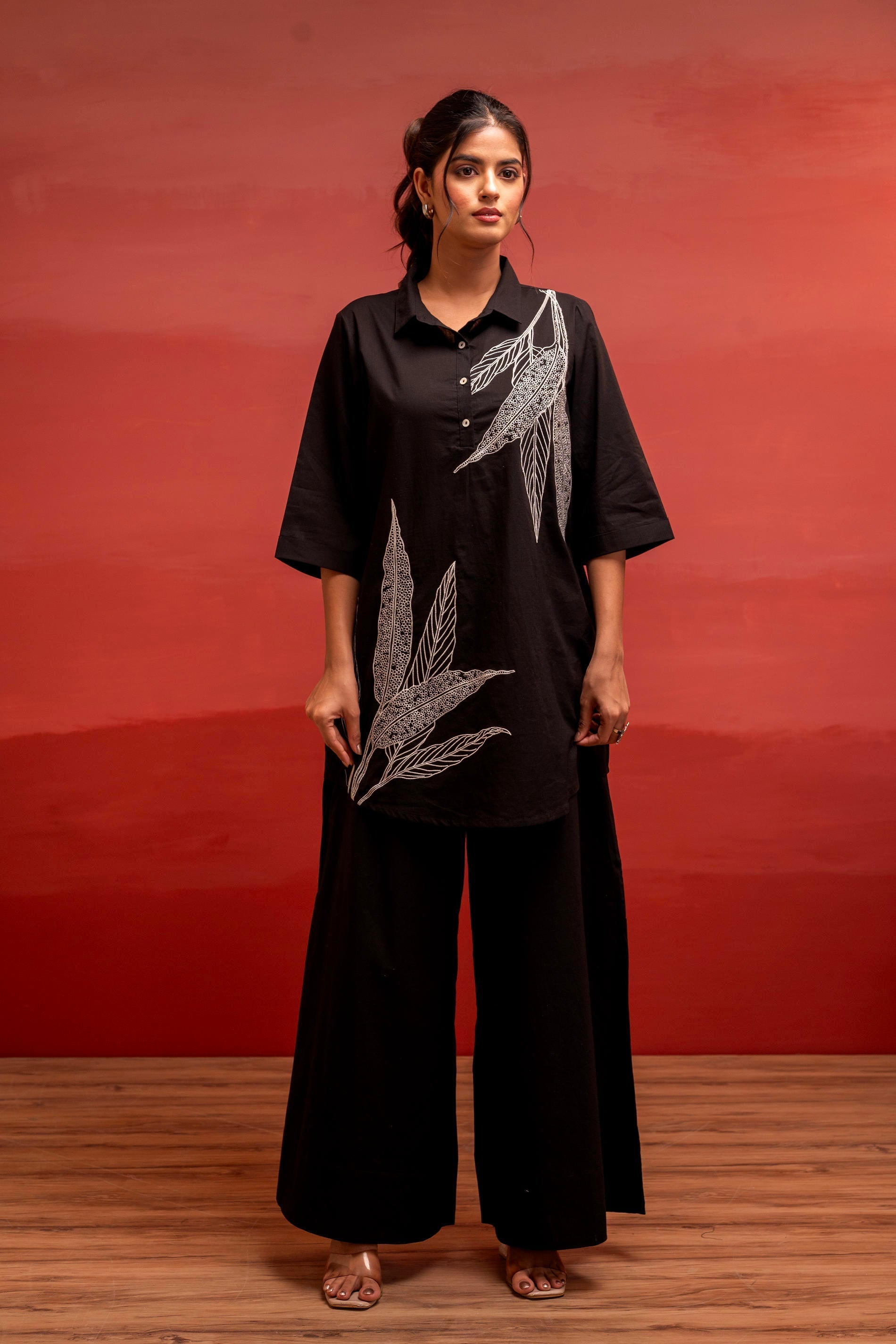 Juniper Black Solid Cotton Shirt And Pants Co-Ord Set With Thread Work | Grocsy