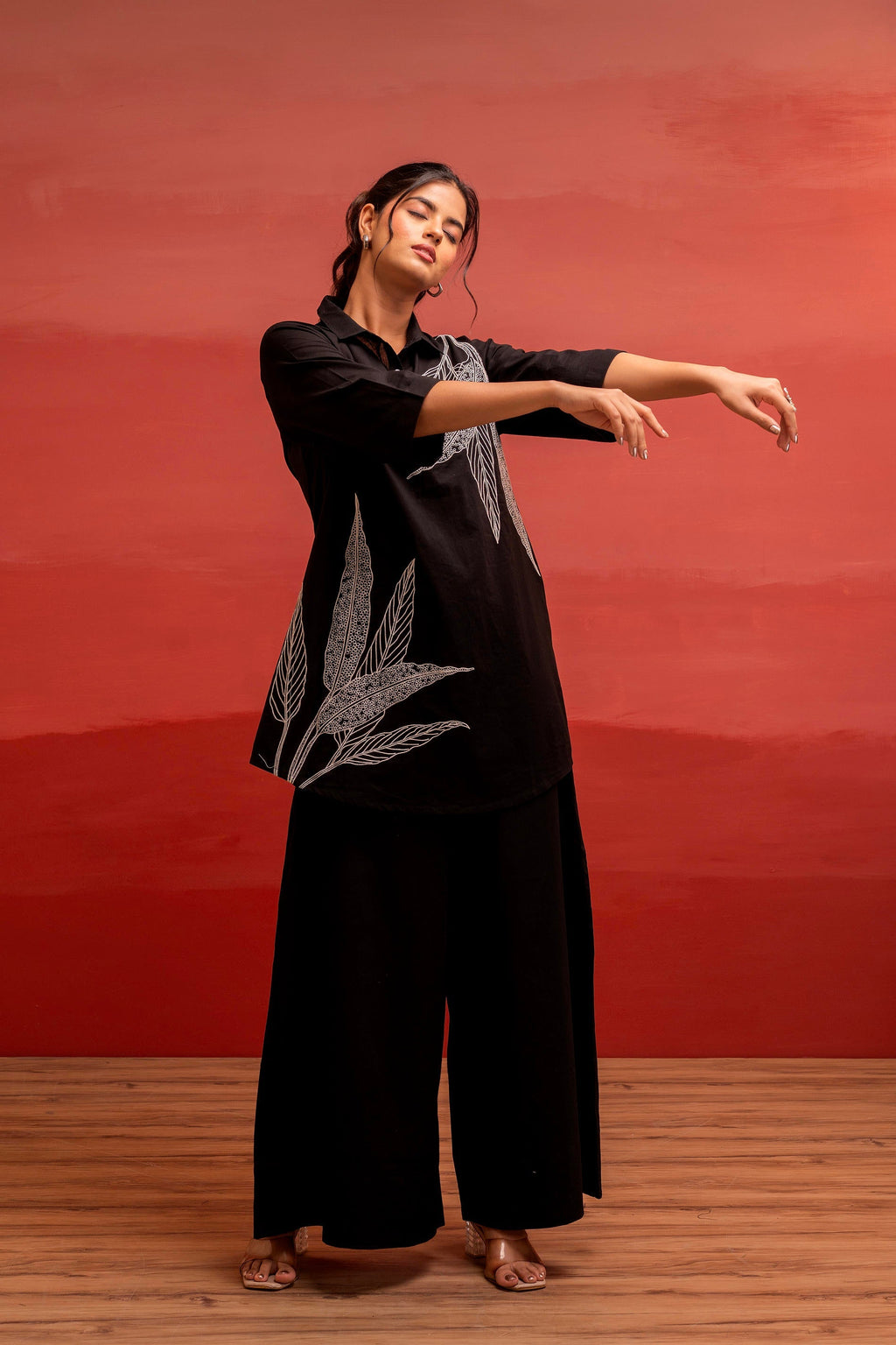 Juniper Black Solid Cotton Shirt And Pants Co-Ord Set With Thread Work | Grocsy