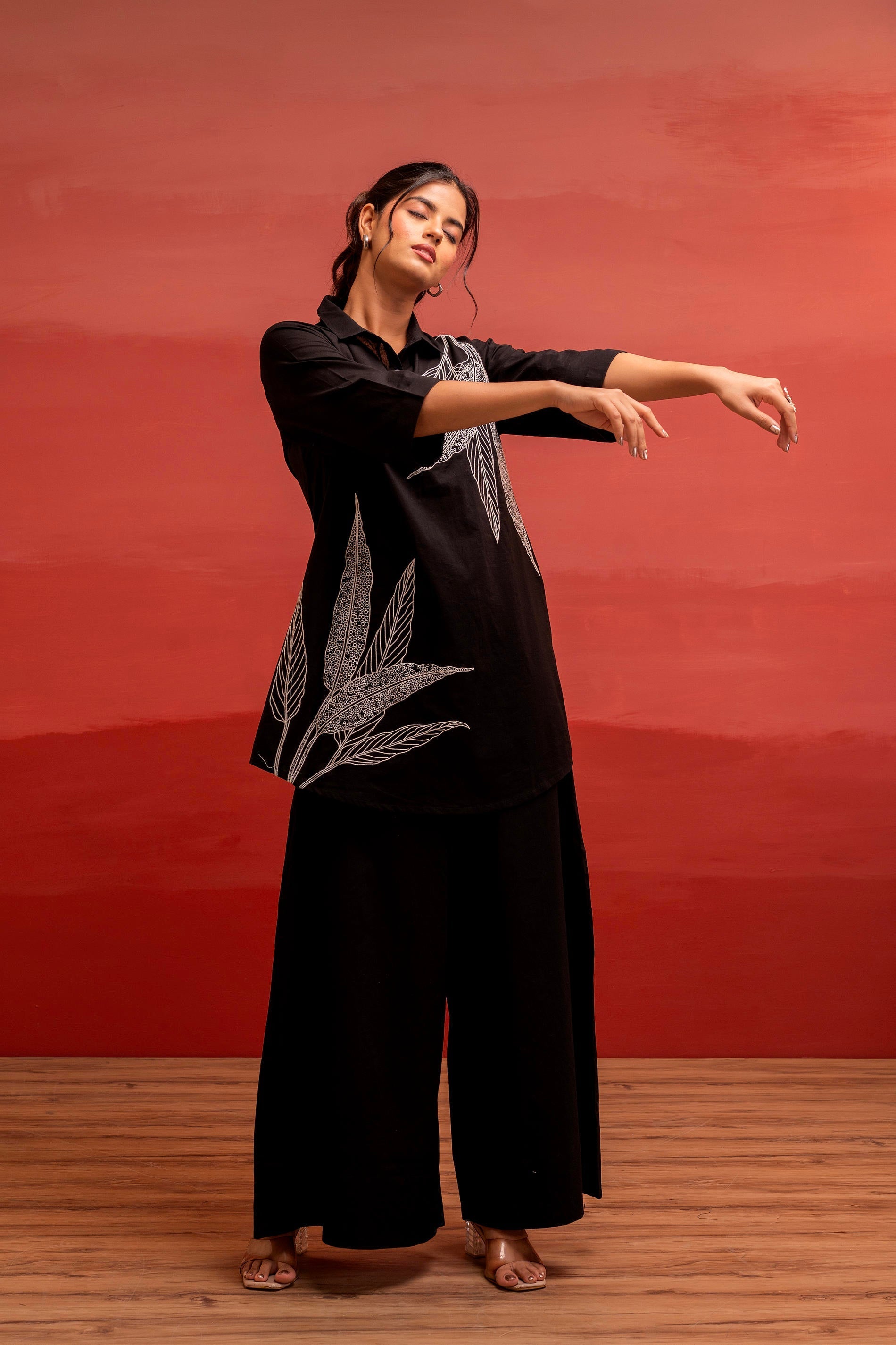 Juniper Black Solid Cotton Shirt And Pants Co-Ord Set With Thread Work | Grocsy