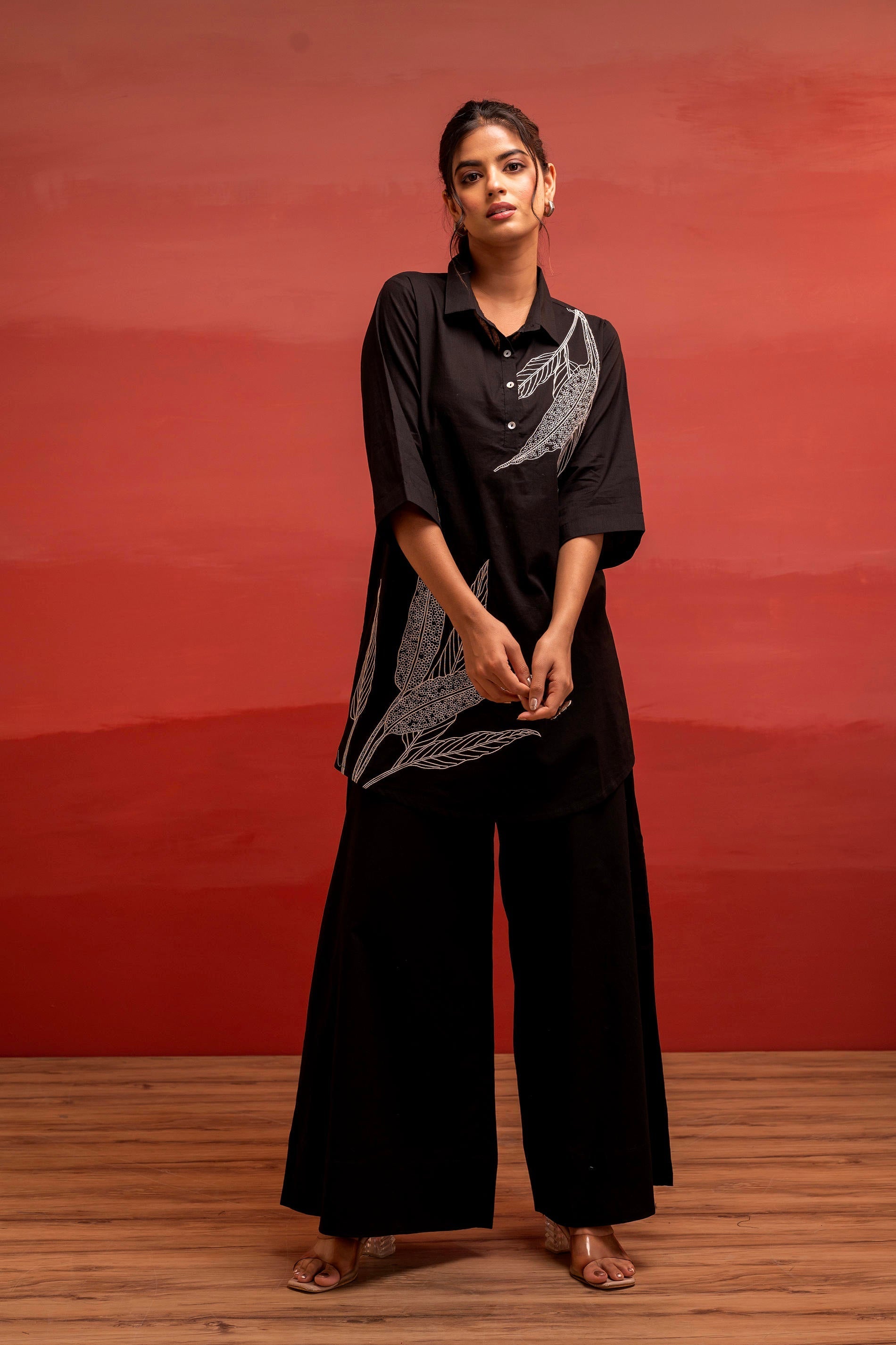 Juniper Black Solid Cotton Shirt And Pants Co-Ord Set With Thread Work | Grocsy