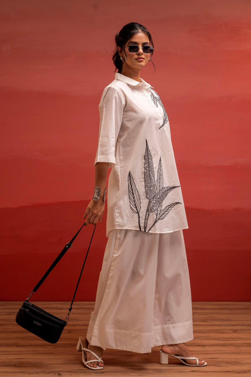 Juniper Off-White Leaf Printed Co-Ord Set With Collared Tunic & Wide-Leg Pant | Grocsy