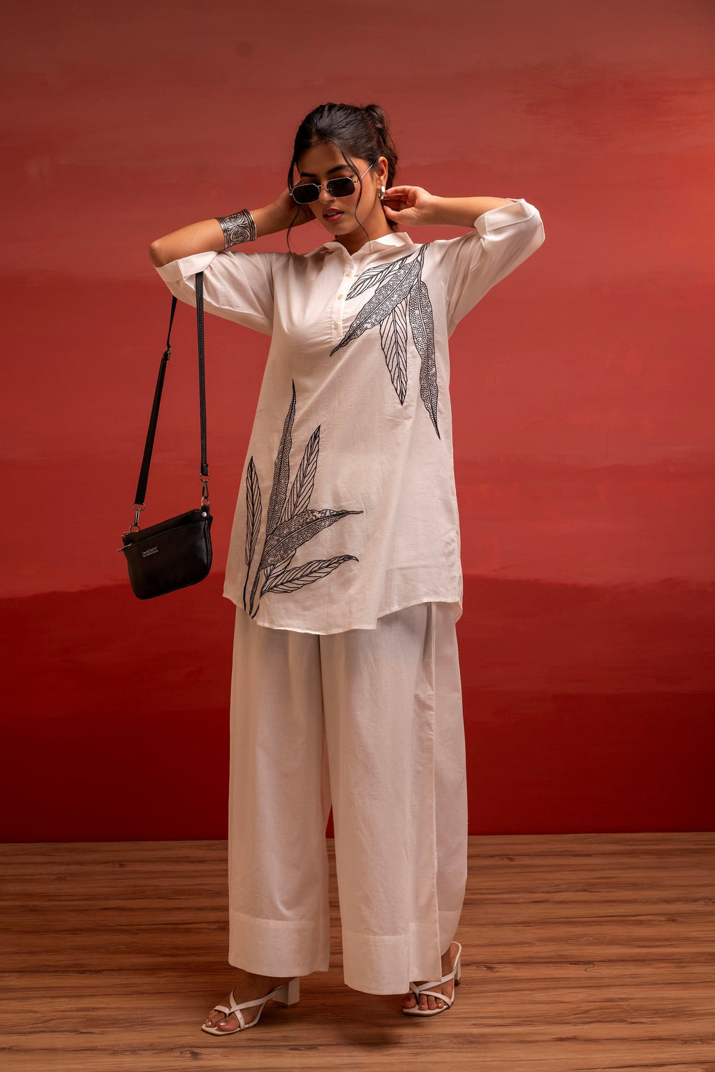 Juniper Off-White Leaf Printed Co-Ord Set With Collared Tunic & Wide-Leg Pant | Grocsy