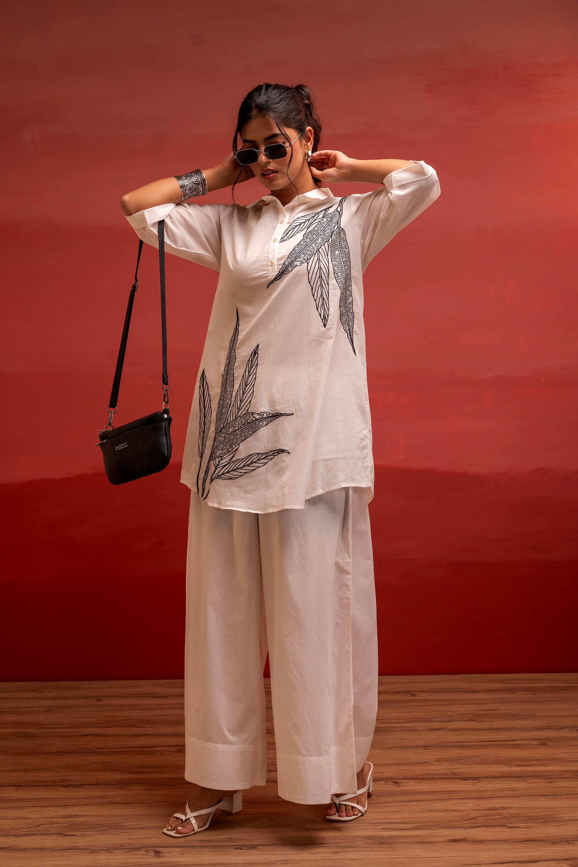 Juniper Off-White Leaf Printed Co-Ord Set With Collared Tunic & Wide-Leg Pant | Grocsy