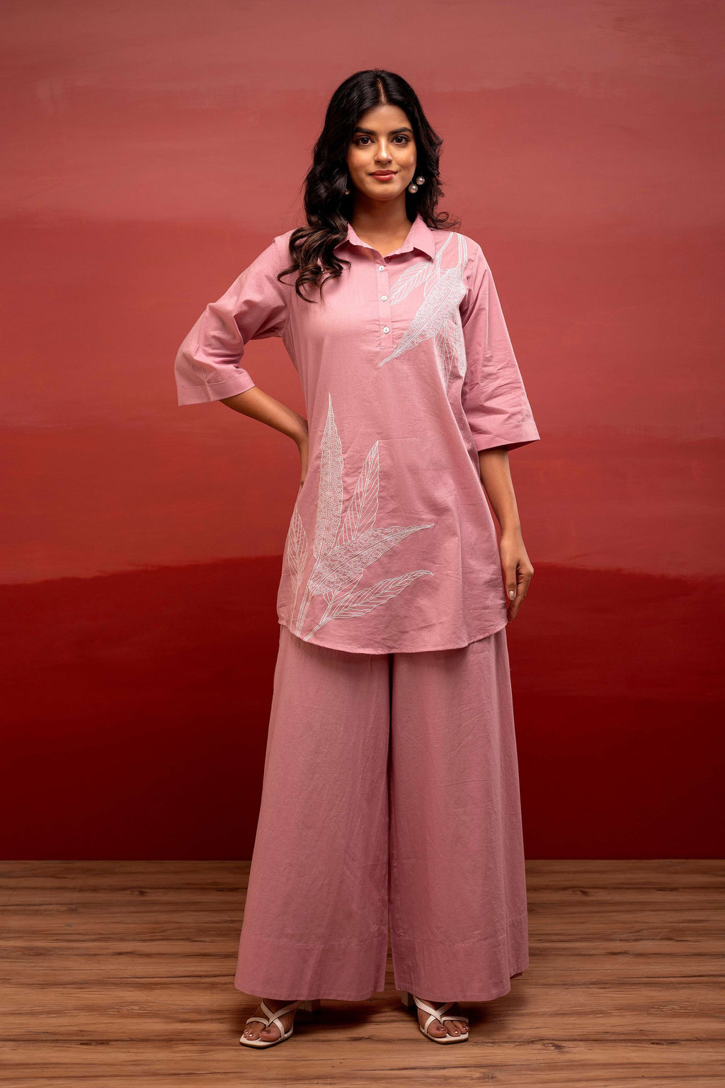Juniper Onion Pink Solid Cotton Shirt And Pants Co-Ord Set With Thread Work | Grocsy