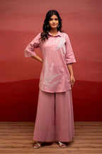 Juniper Onion Pink Solid Cotton Shirt And Pants Co-Ord Set With Thread Work | Grocsy