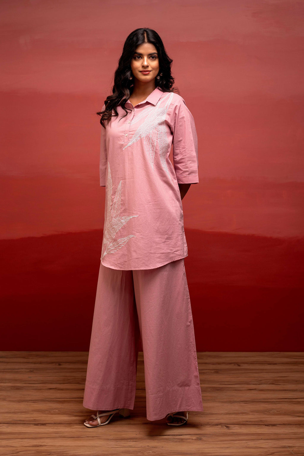 Juniper Onion Pink Solid Cotton Shirt And Pants Co-Ord Set With Thread Work | Grocsy