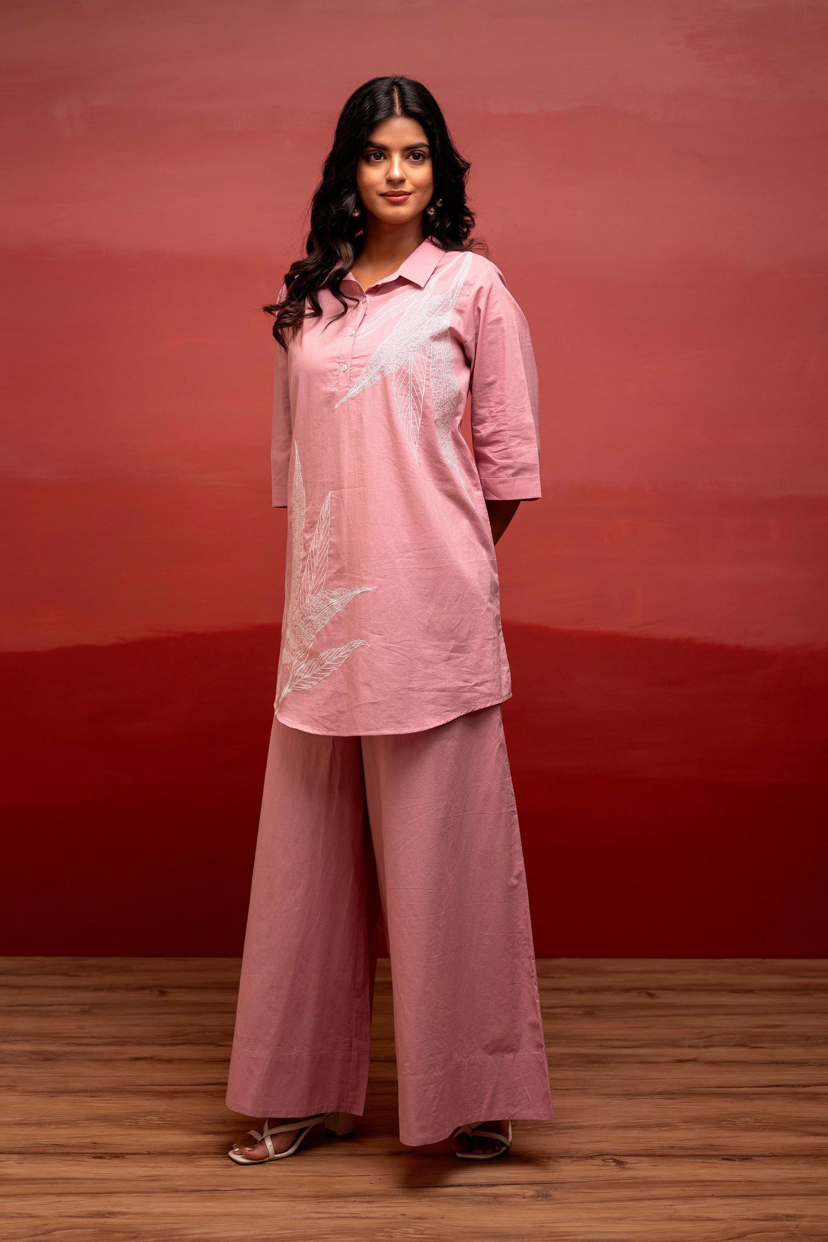 Juniper Onion Pink Solid Cotton Shirt And Pants Co-Ord Set With Thread Work | Grocsy