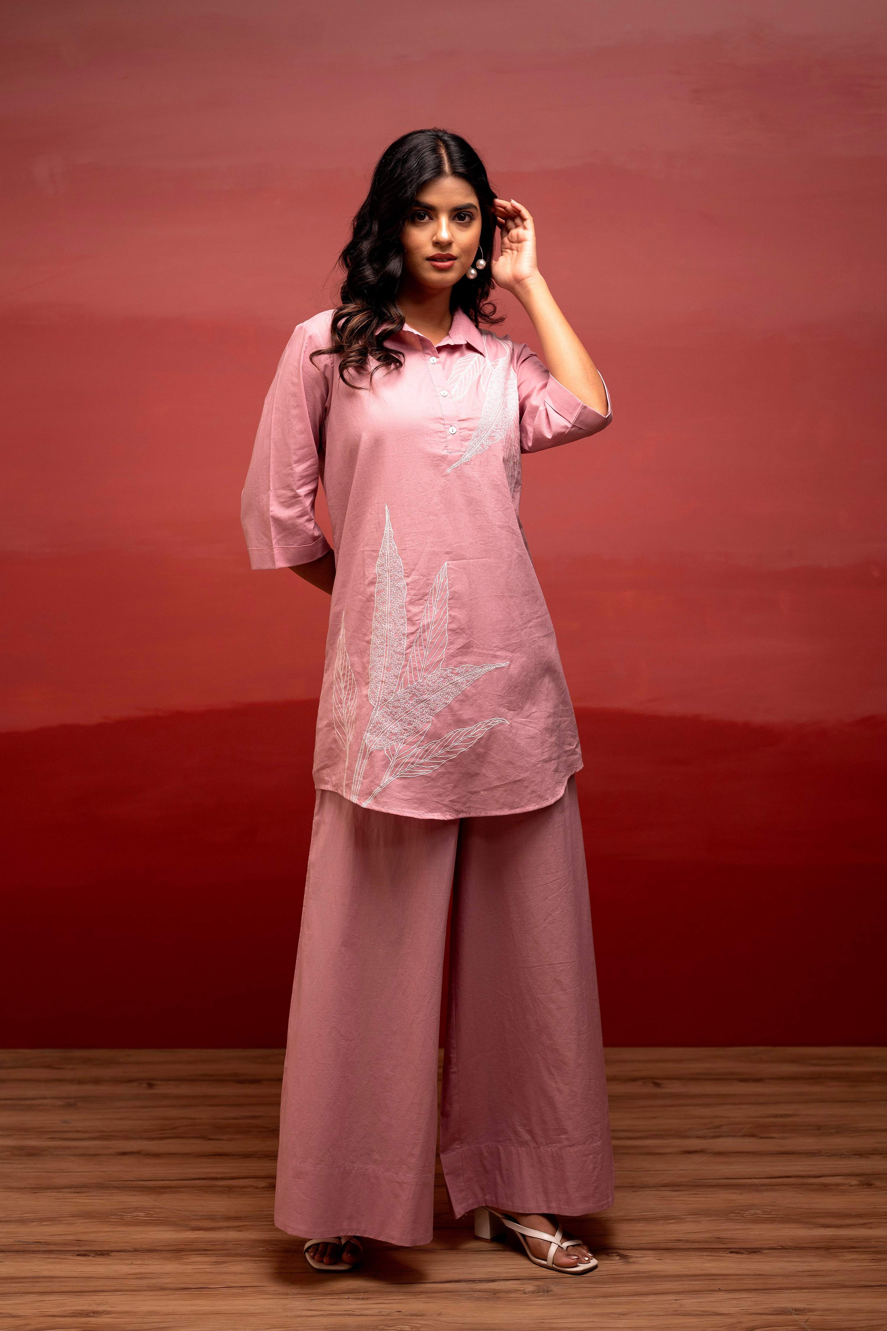 Juniper Onion Pink Solid Cotton Shirt And Pants Co-Ord Set With Thread Work | Grocsy