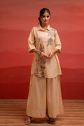 Juniper Beige Solid Cotton Shirt And Pants Co-Ord Set With Thread Work | Grocsy