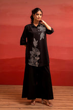 Juniper Black Solid Cotton Shirt And Pants Co-Ord Set With Thread Work | Grocsy