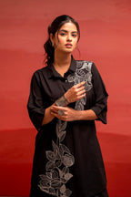 Juniper Black Solid Cotton Shirt And Pants Co-Ord Set With Thread Work | Grocsy