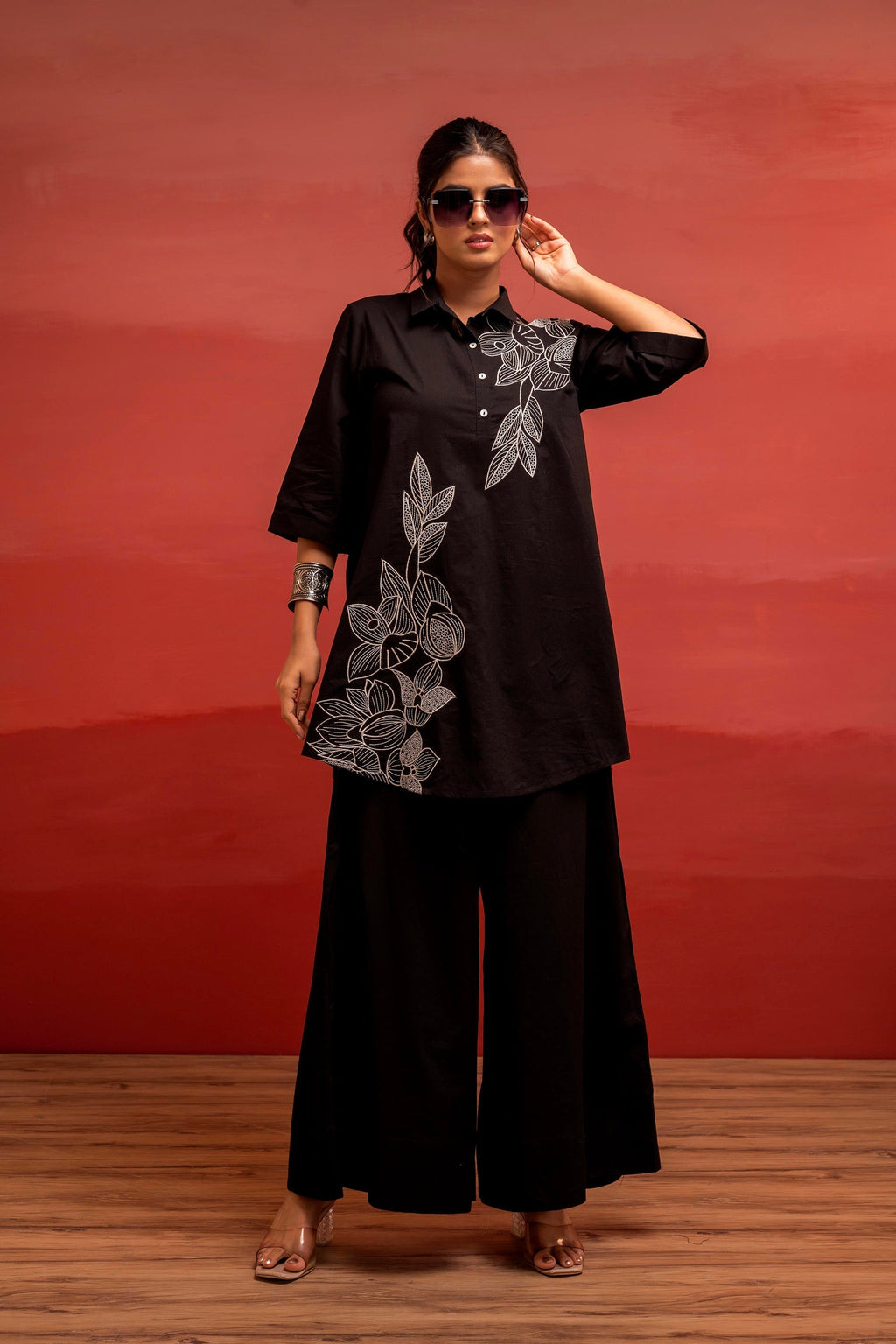 Juniper Black Solid Cotton Shirt And Pants Co-Ord Set With Thread Work | Grocsy