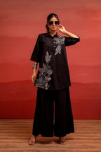 Juniper Black Solid Cotton Shirt And Pants Co-Ord Set With Thread Work | Grocsy