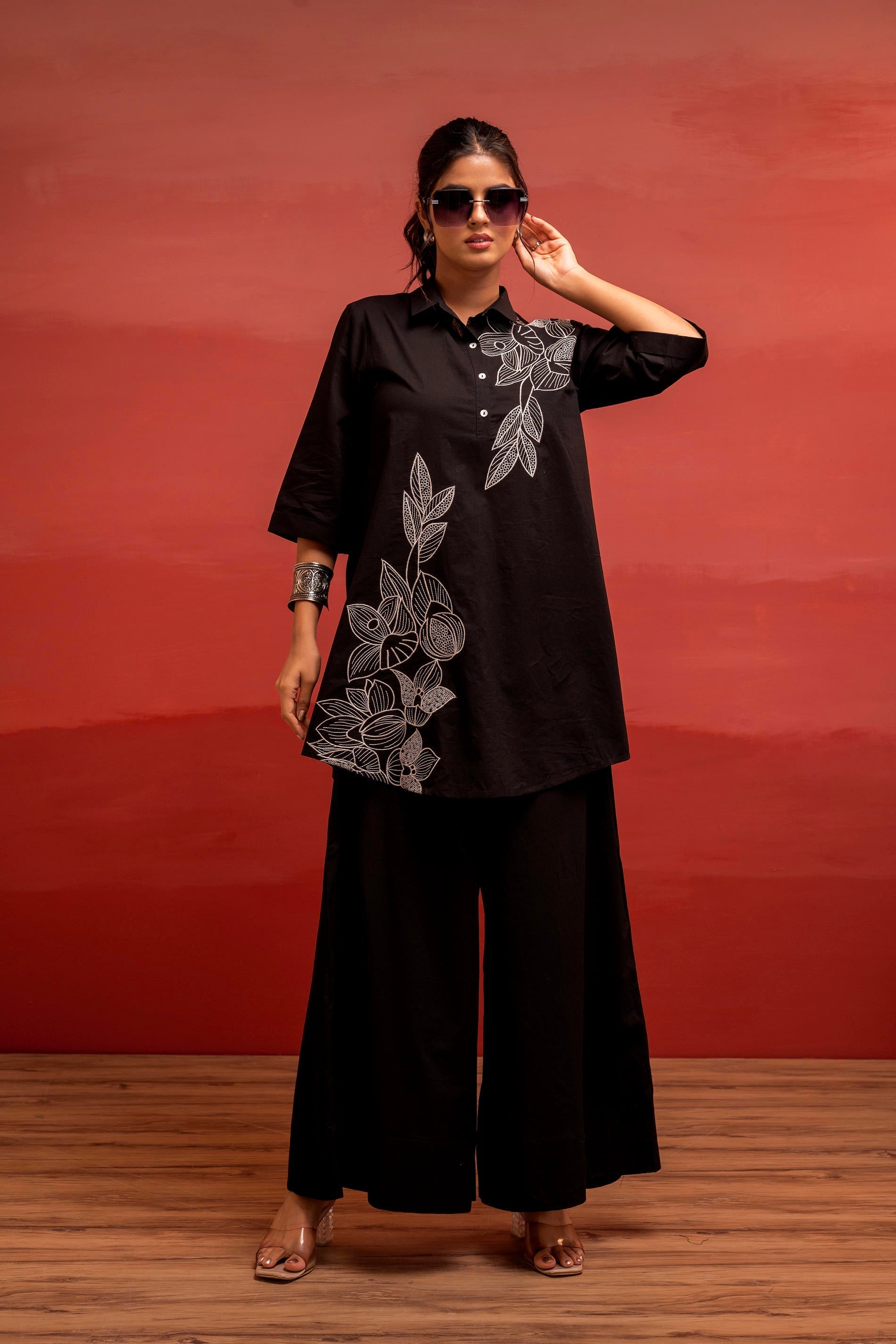 Juniper Black Solid Cotton Shirt And Pants Co-Ord Set With Thread Work | Grocsy