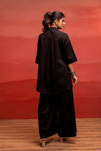 Juniper Black Solid Cotton Shirt And Pants Co-Ord Set With Thread Work | Grocsy