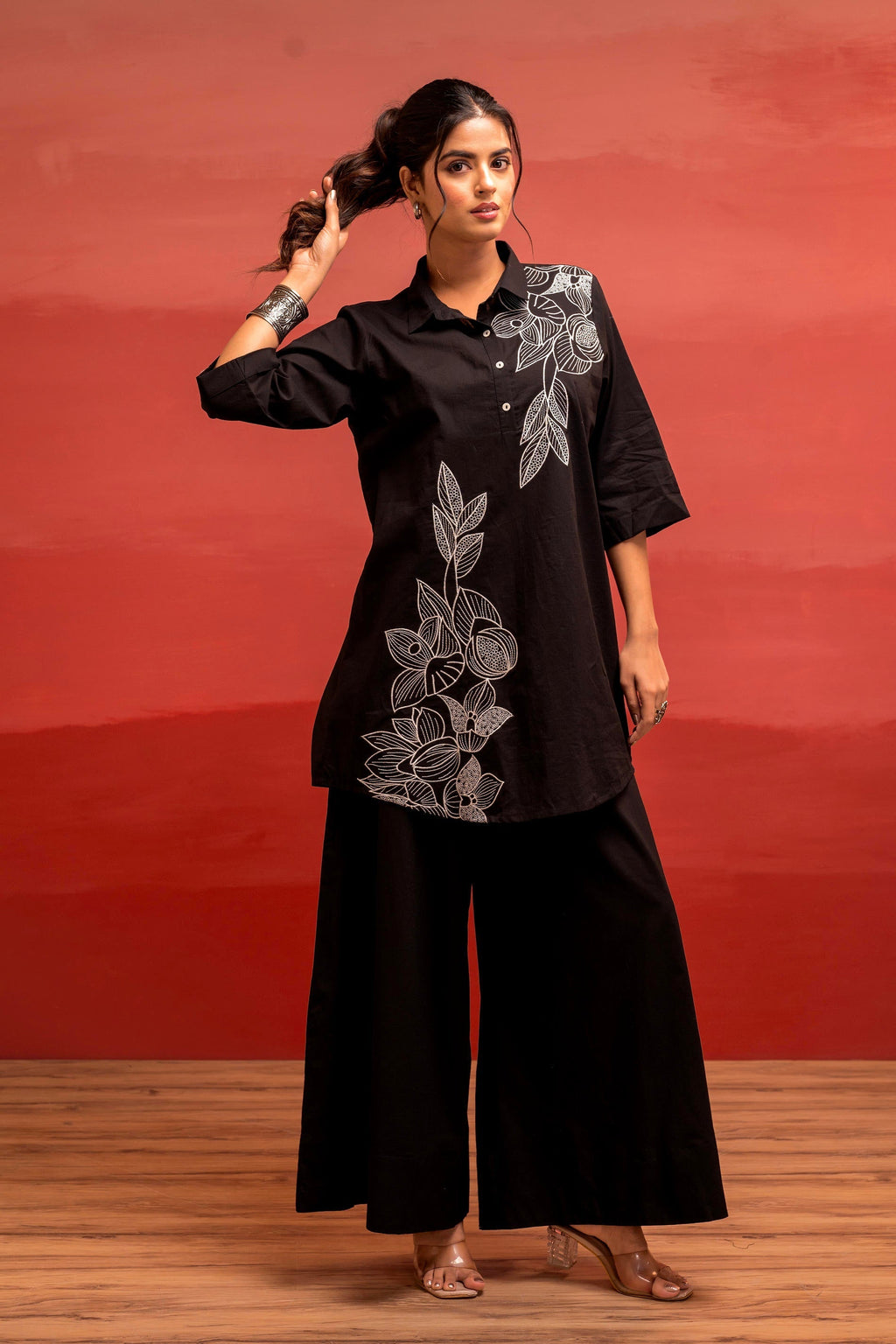 Juniper Black Solid Cotton Shirt And Pants Co-Ord Set With Thread Work | Grocsy