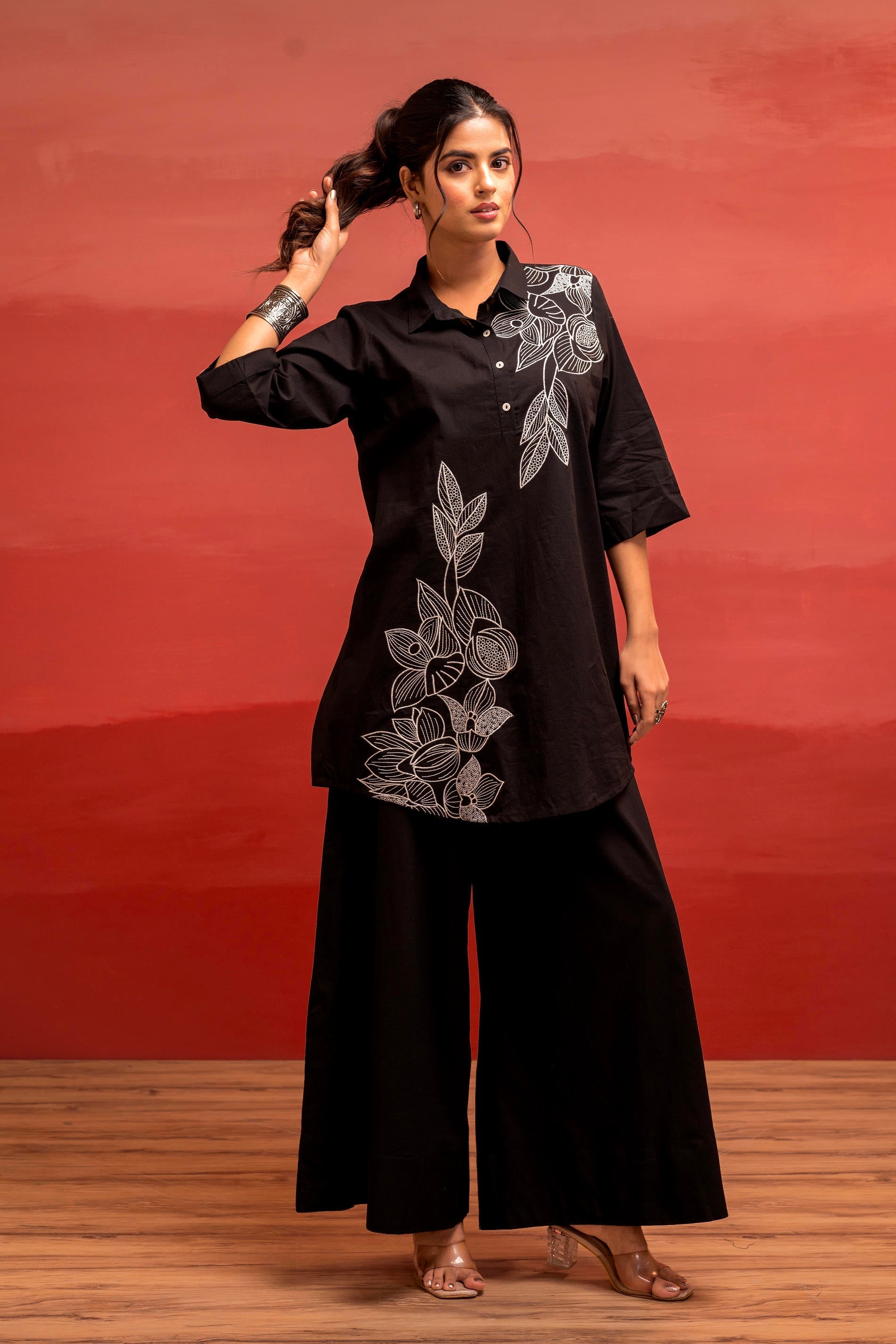 Juniper Black Solid Cotton Shirt And Pants Co-Ord Set With Thread Work | Grocsy